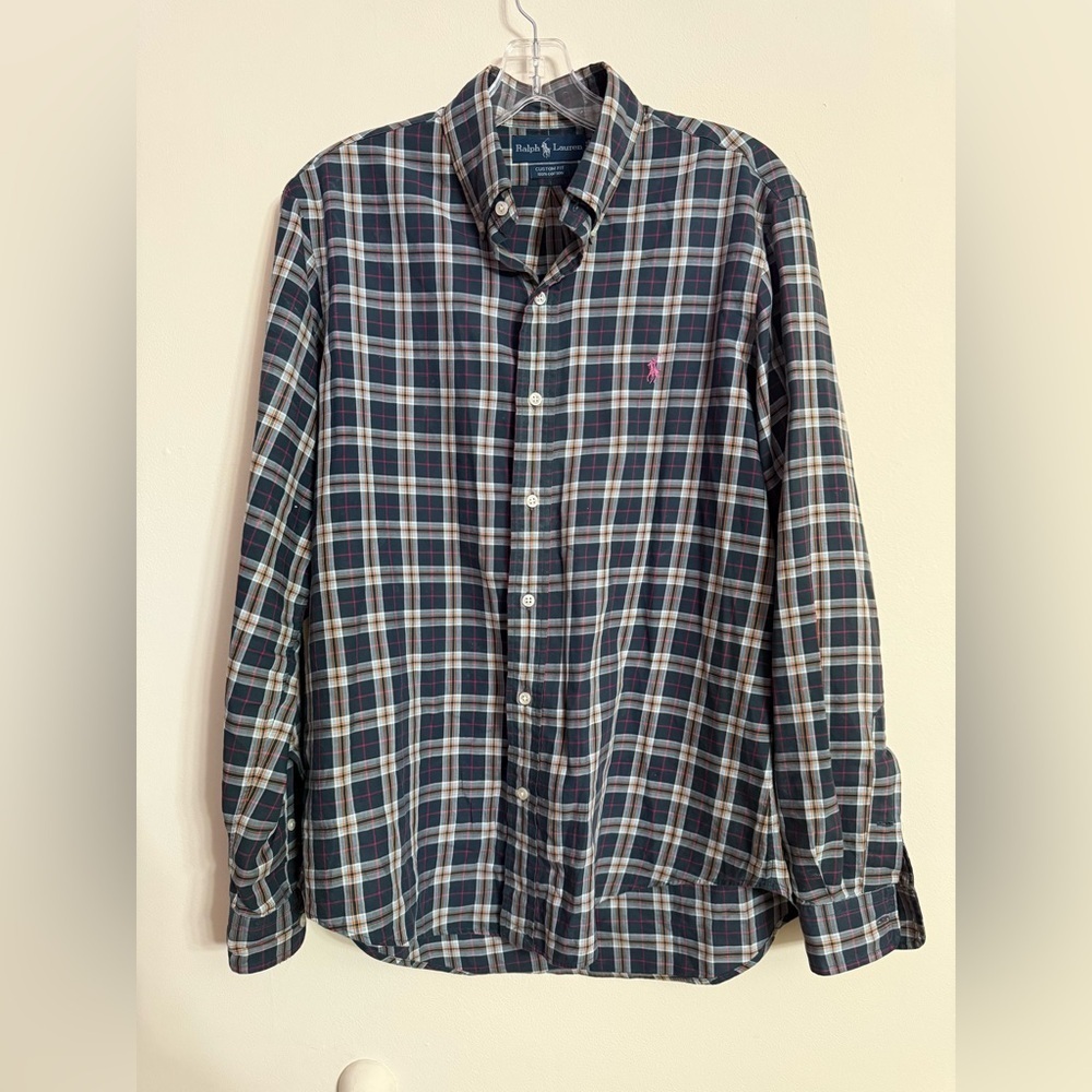 Ralph Lauren Men's M Long Sleeve Button Shirt Black Plaid Red Pony